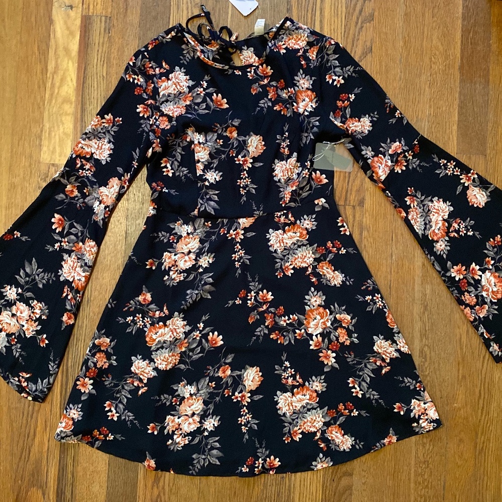 Black Floral Bell Sleeve Dress